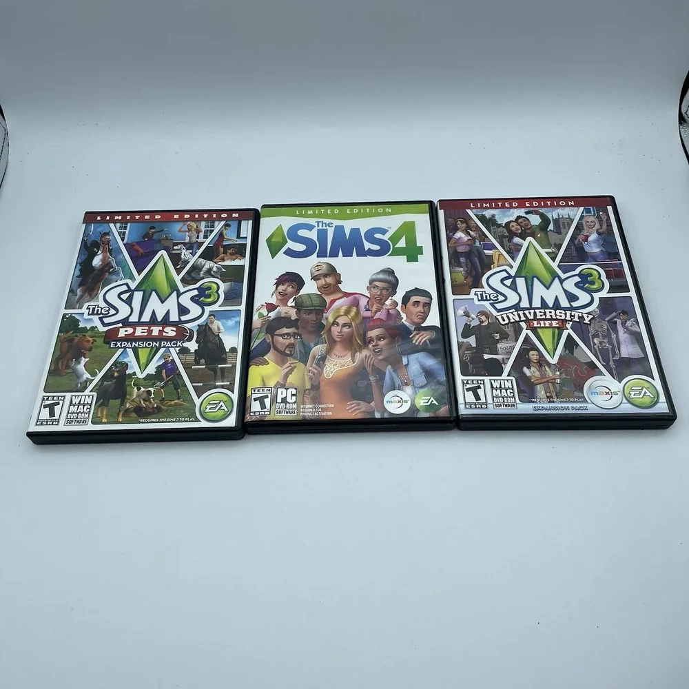 SIMS Lot Of 3 PC Games. Sims 4, Sims 3 Pets & University Life Limited Editions
